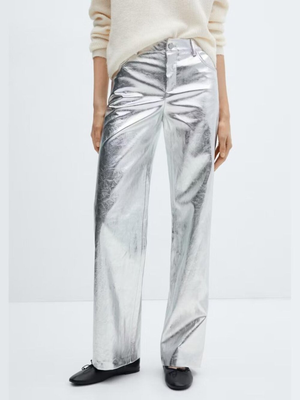 Mango Metalised wide leg trousers US S shiny silver 5-pocket pant metallic